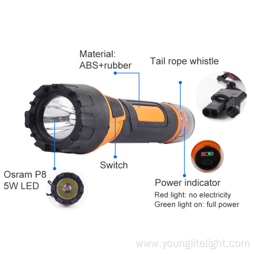 Rechargeable 5W LED flashlight with Tail rope whistle